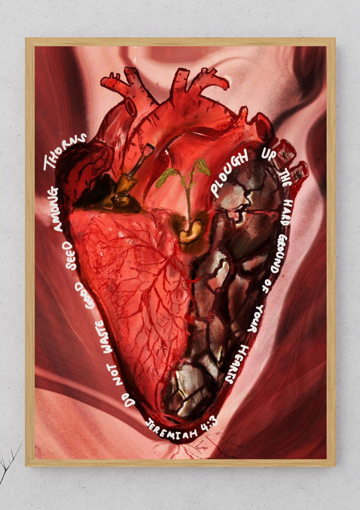 A framed art print featuring a detailed anatomical illustration of a human heart with white text labels, displayed on a light gray wall above a wooden headboard.