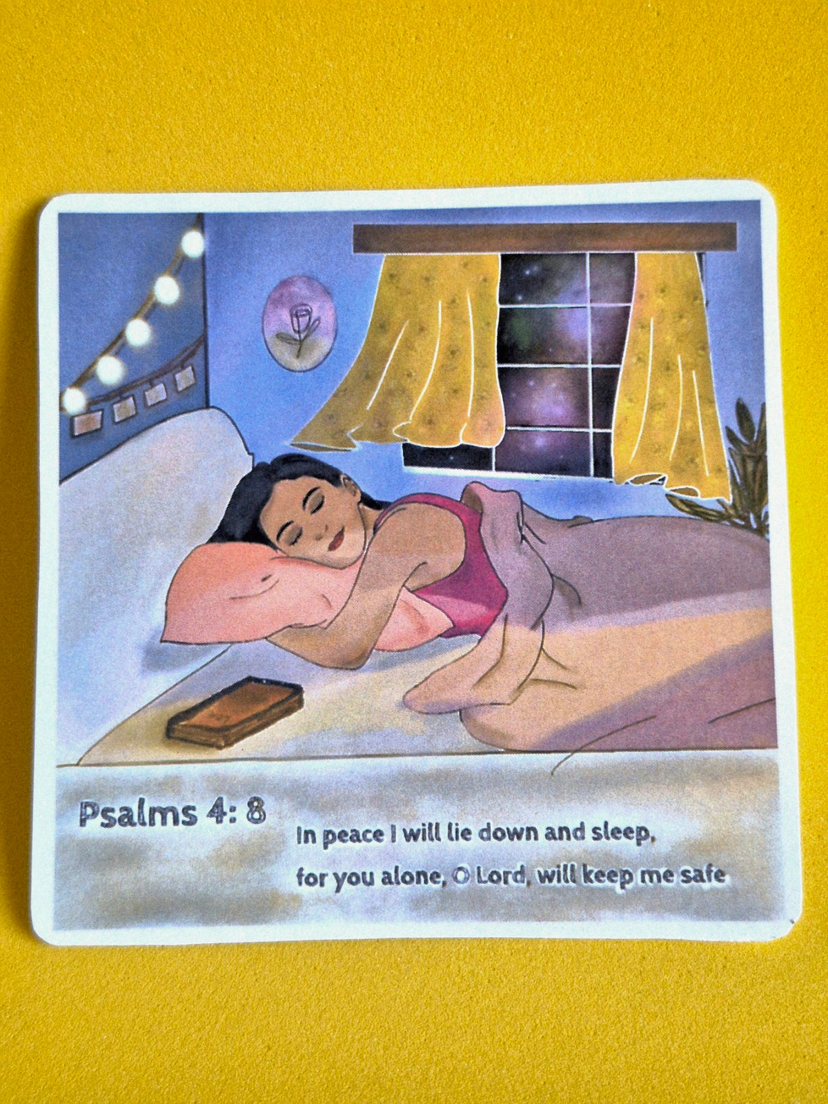 Card with a sleeping person and Psalm 4:8 text on a yellow background